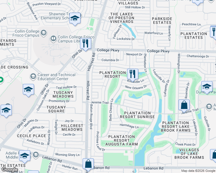 map of restaurants, bars, coffee shops, grocery stores, and more near 5716 Charleston Drive in Frisco