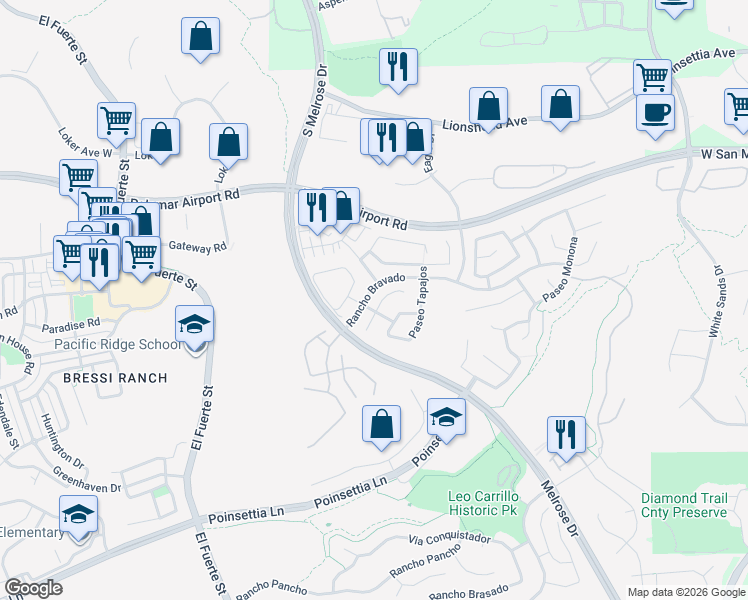 map of restaurants, bars, coffee shops, grocery stores, and more near 6147 Paseo Jaquita in Carlsbad