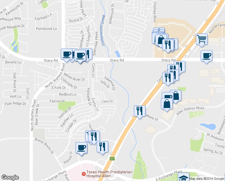 map of restaurants, bars, coffee shops, grocery stores, and more near 1801 Valencia Drive in Allen