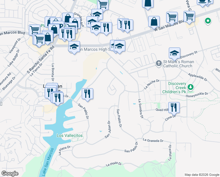 map of restaurants, bars, coffee shops, grocery stores, and more near 1874 Fairway Circle Drive in San Marcos