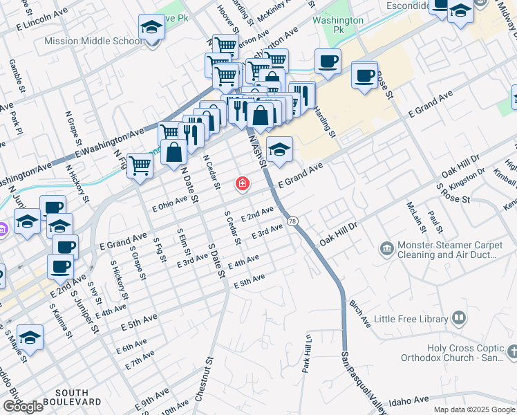 map of restaurants, bars, coffee shops, grocery stores, and more near 1126 East 2nd Avenue in Escondido