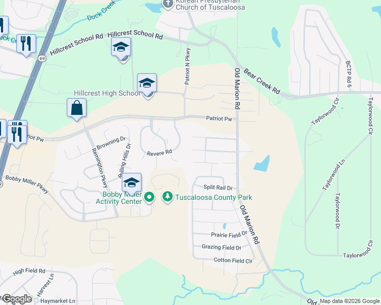 map of restaurants, bars, coffee shops, grocery stores, and more near 197 Wexford Way in Tuscaloosa