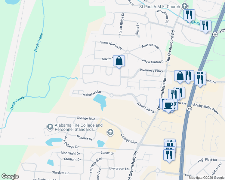 map of restaurants, bars, coffee shops, grocery stores, and more near 1700 Waterford Lane in Tuscaloosa