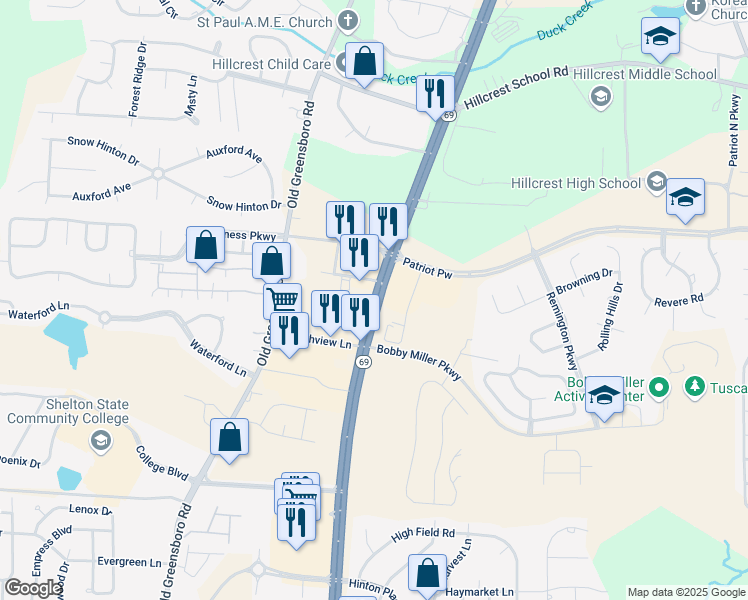 map of restaurants, bars, coffee shops, grocery stores, and more near Alabama 69 in Tuscaloosa