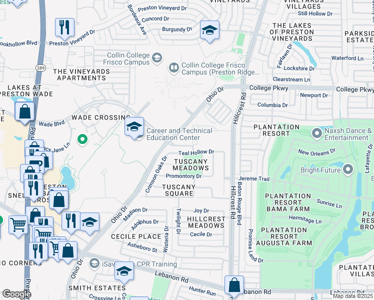 map of restaurants, bars, coffee shops, grocery stores, and more near 10126 Teal Hollow Drive in Frisco