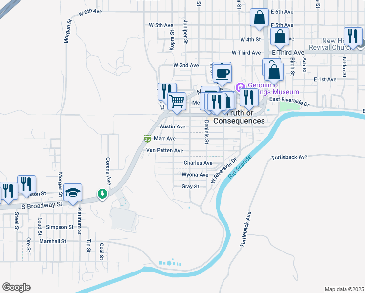 map of restaurants, bars, coffee shops, grocery stores, and more near 605 Van Patten Street in Truth or Consequences