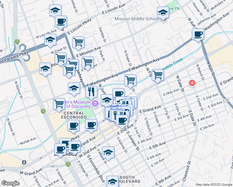 map of restaurants, bars, coffee shops, grocery stores, and more near 330 North Juniper Street in Escondido