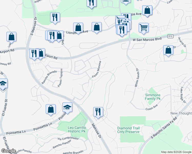 map of restaurants, bars, coffee shops, grocery stores, and more near 6130 Paseo Monona in Carlsbad