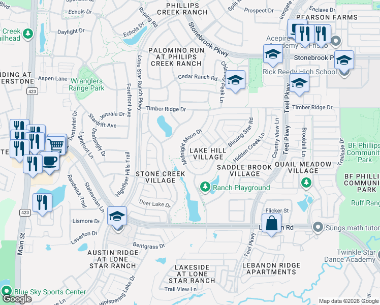map of restaurants, bars, coffee shops, grocery stores, and more near 1514 Kings View Drive in Frisco