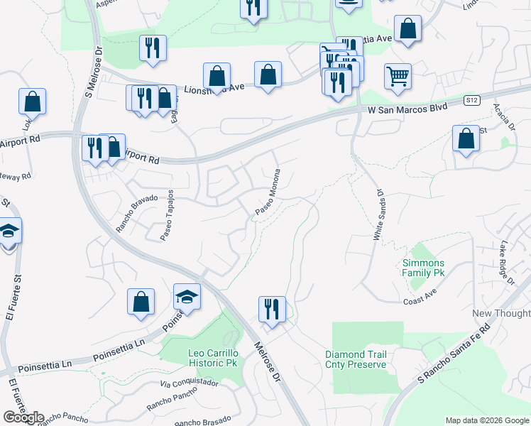 map of restaurants, bars, coffee shops, grocery stores, and more near 6130 Paseo Monona in Carlsbad