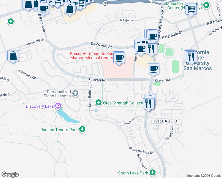map of restaurants, bars, coffee shops, grocery stores, and more near 392 Corte San Rio in San Marcos
