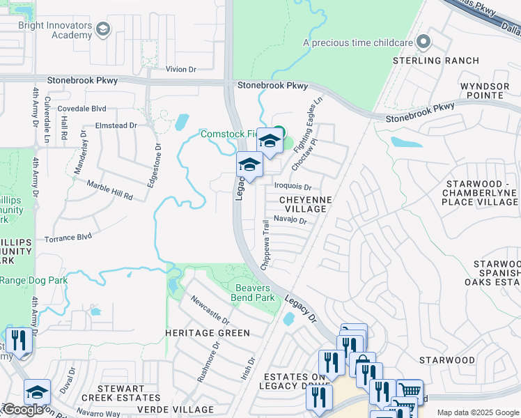 map of restaurants, bars, coffee shops, grocery stores, and more near 5006 Navajo Drive in Frisco