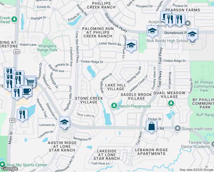 map of restaurants, bars, coffee shops, grocery stores, and more near 1514 Kings View Drive in Frisco
