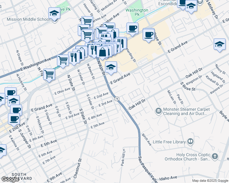 map of restaurants, bars, coffee shops, grocery stores, and more near 1220 Palomar Terrace in Escondido