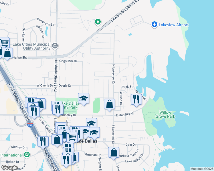 map of restaurants, bars, coffee shops, grocery stores, and more near 401 Adolphus Avenue in Lake Dallas