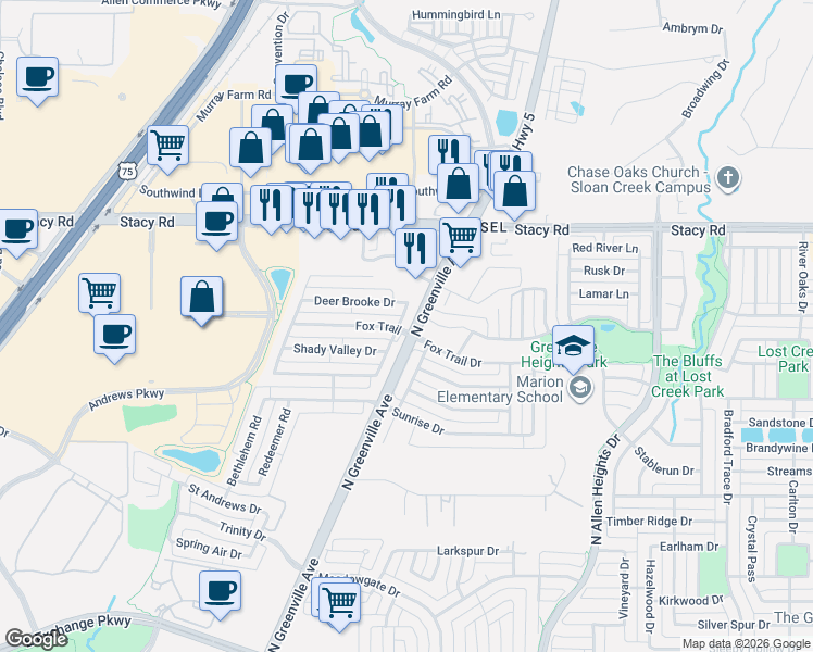 map of restaurants, bars, coffee shops, grocery stores, and more near 1002 Shelborn Drive in Allen