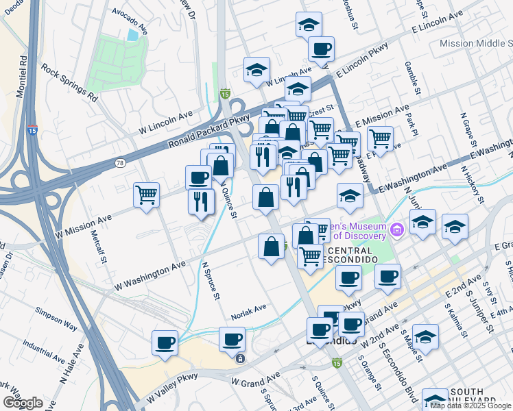 map of restaurants, bars, coffee shops, grocery stores, and more near 660 North Quince Street in Escondido