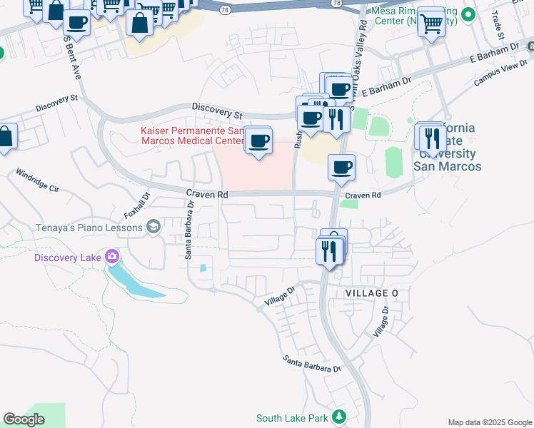 map of restaurants, bars, coffee shops, grocery stores, and more near 348 Avenida La Cuesta in San Marcos