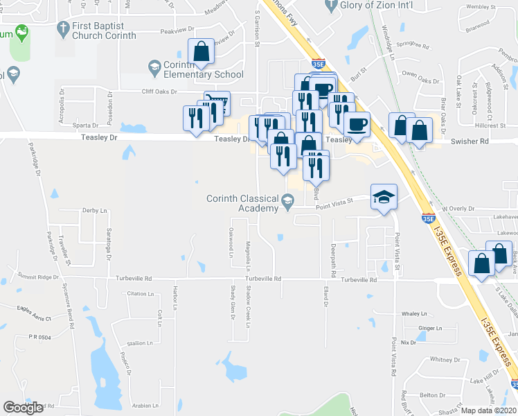 map of restaurants, bars, coffee shops, grocery stores, and more near Ronald Reagan Avenue in Lake Dallas