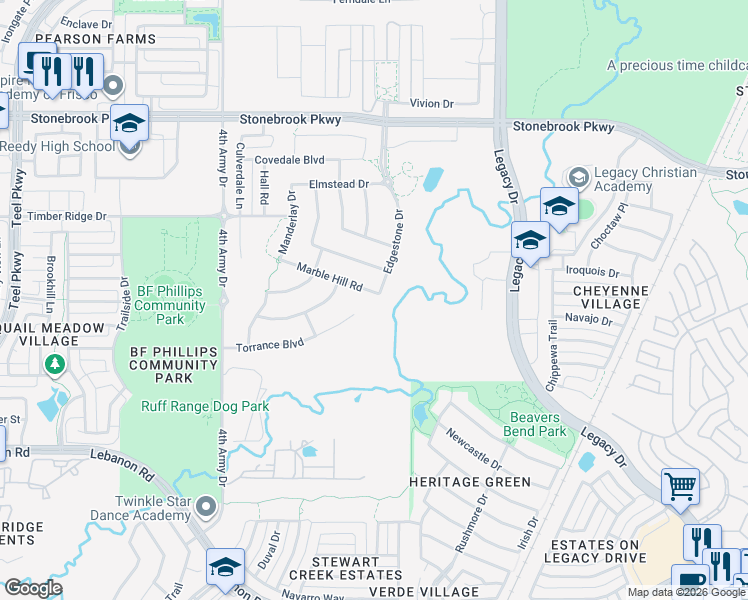 map of restaurants, bars, coffee shops, grocery stores, and more near 4087 Marble Hill Road in Frisco
