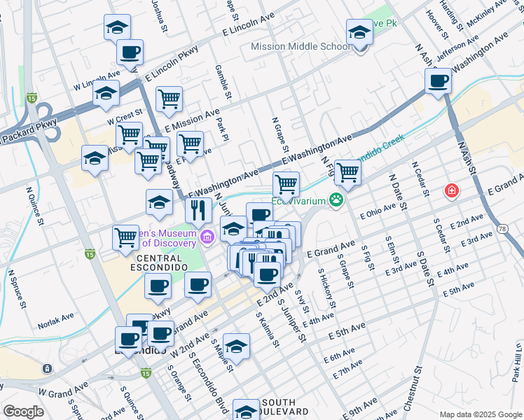 map of restaurants, bars, coffee shops, grocery stores, and more near 330 North Juniper Street in Escondido