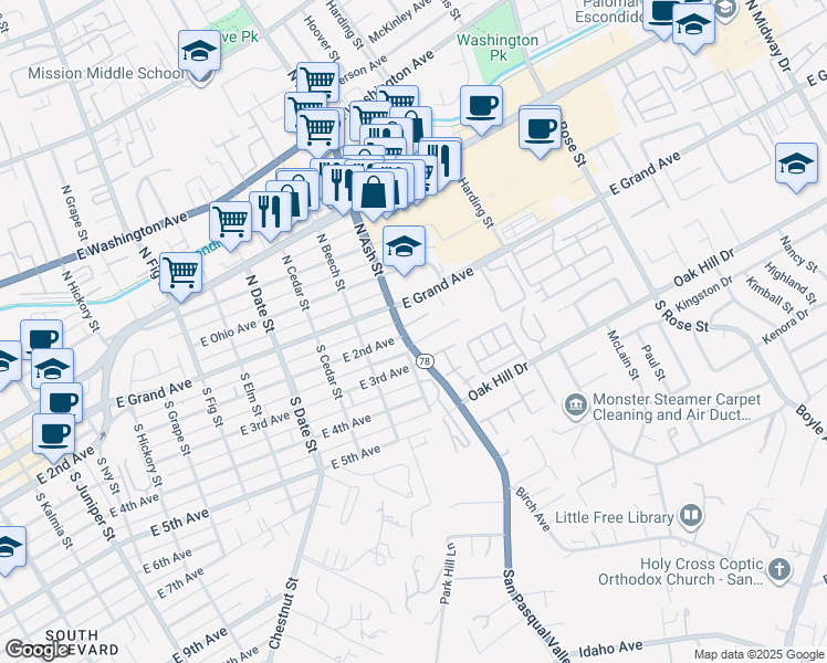 map of restaurants, bars, coffee shops, grocery stores, and more near 1220 Palomar Terrace in Escondido