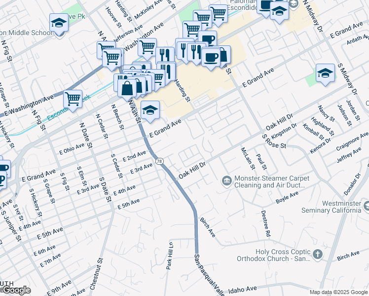 map of restaurants, bars, coffee shops, grocery stores, and more near 1380 Oak Hill Drive in Escondido