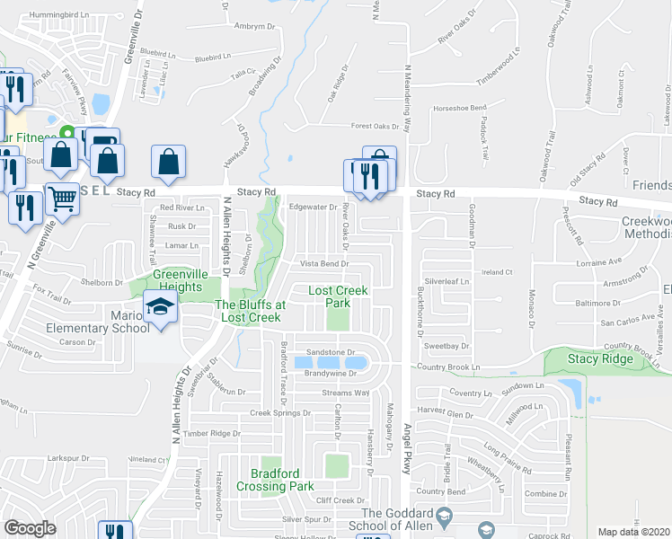 map of restaurants, bars, coffee shops, grocery stores, and more near 1524 Vista Bend Drive in Allen