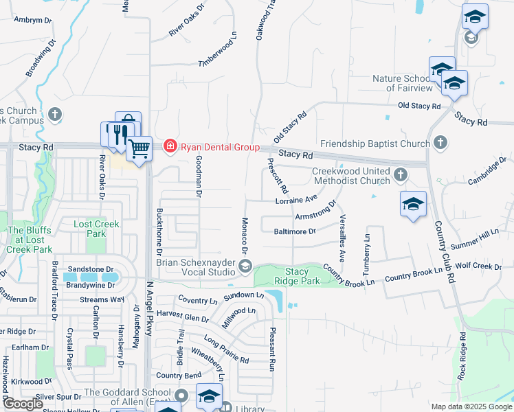 map of restaurants, bars, coffee shops, grocery stores, and more near 1726 Monaco Drive in Allen