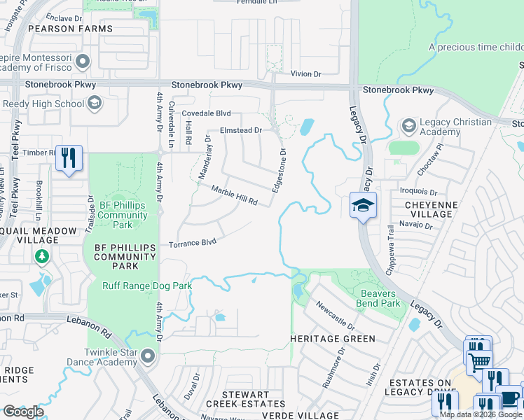 map of restaurants, bars, coffee shops, grocery stores, and more near 4087 Marble Hill Road in Frisco