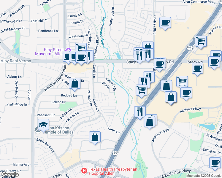 map of restaurants, bars, coffee shops, grocery stores, and more near 1801 Valencia Drive in Allen