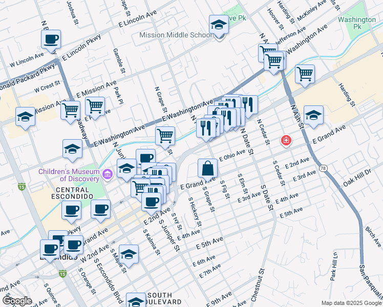 map of restaurants, bars, coffee shops, grocery stores, and more near 641 East Pennsylvania Avenue in Escondido