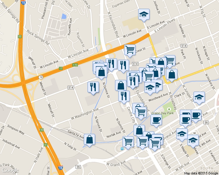 map of restaurants, bars, coffee shops, grocery stores, and more near 660 North Quince Street in Escondido