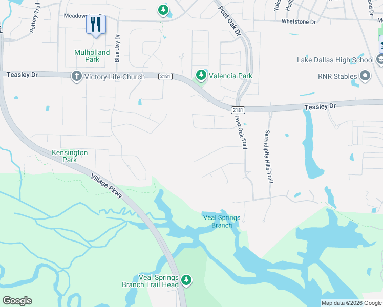 map of restaurants, bars, coffee shops, grocery stores, and more near 2200 Creekedge Court in Corinth