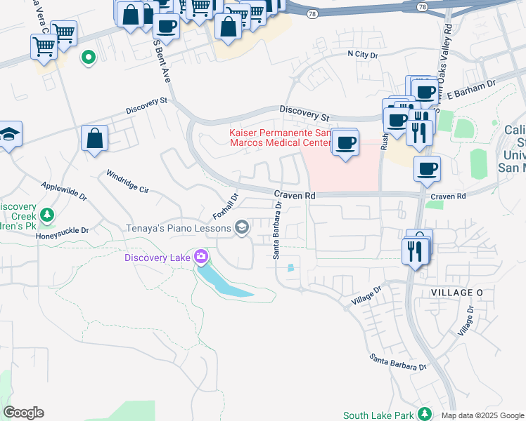 map of restaurants, bars, coffee shops, grocery stores, and more near 525 Whitesage Road in San Marcos