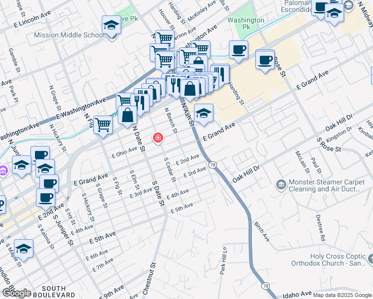 map of restaurants, bars, coffee shops, grocery stores, and more near 1113 East Grand Avenue in Escondido