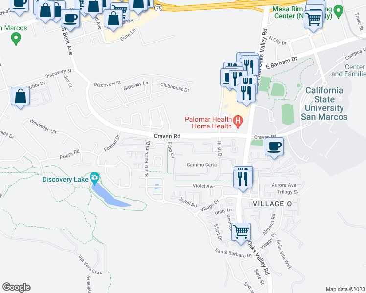 map of restaurants, bars, coffee shops, grocery stores, and more near 387 Avenida La Cuesta in San Marcos