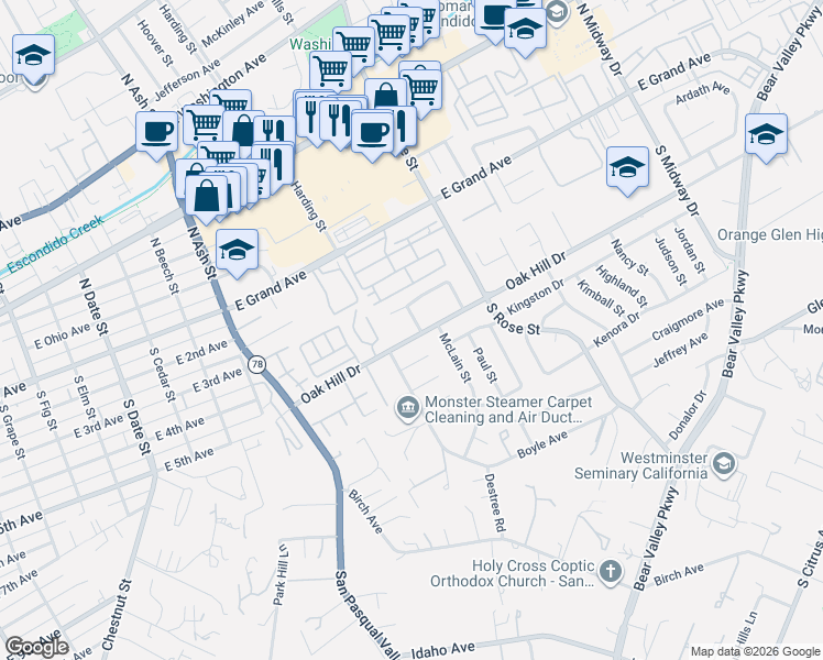 map of restaurants, bars, coffee shops, grocery stores, and more near 1502 Katella Way in Escondido