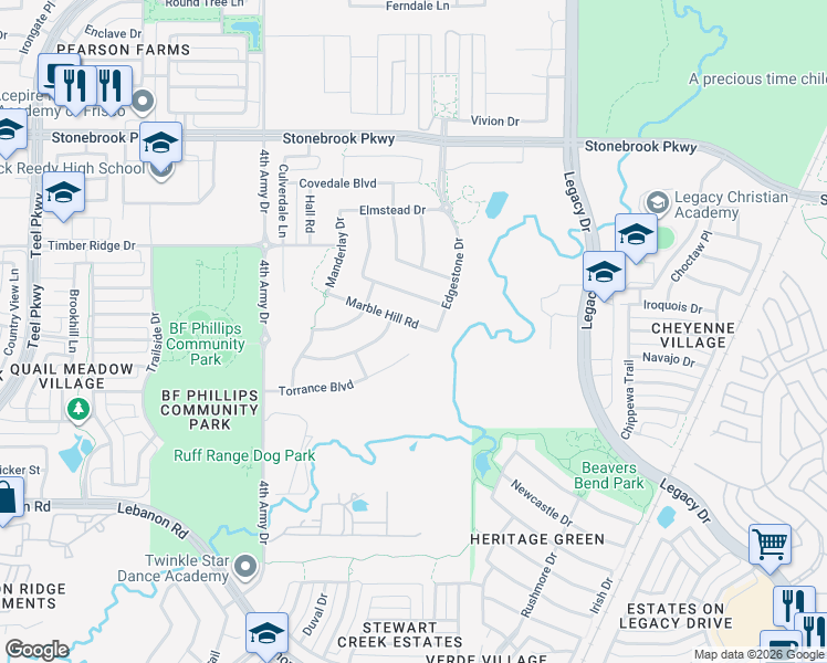 map of restaurants, bars, coffee shops, grocery stores, and more near 3824 Torrance Boulevard in Frisco