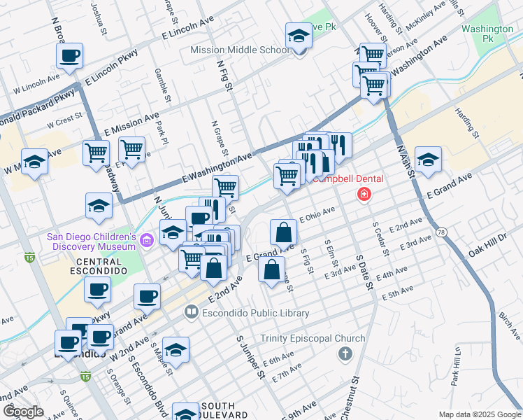 map of restaurants, bars, coffee shops, grocery stores, and more near 641 East Pennsylvania Avenue in Escondido