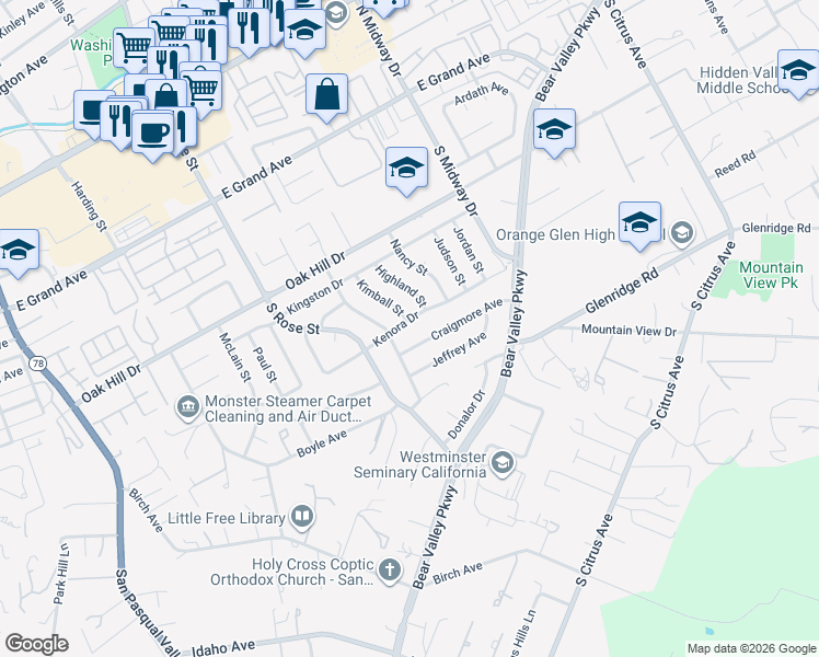 map of restaurants, bars, coffee shops, grocery stores, and more near 1722 Craigmore Avenue in Escondido