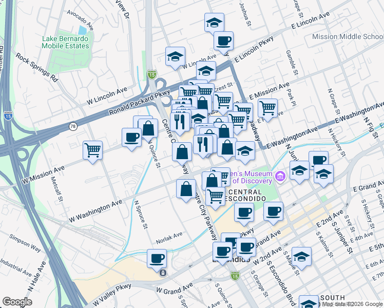 map of restaurants, bars, coffee shops, grocery stores, and more near 430 West Washington Avenue in Escondido