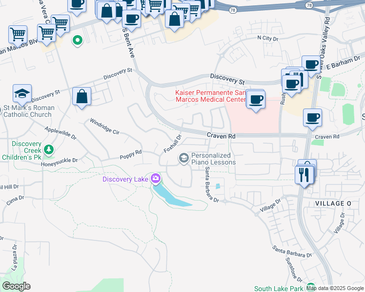 map of restaurants, bars, coffee shops, grocery stores, and more near 579 Whitesage Road in San Marcos