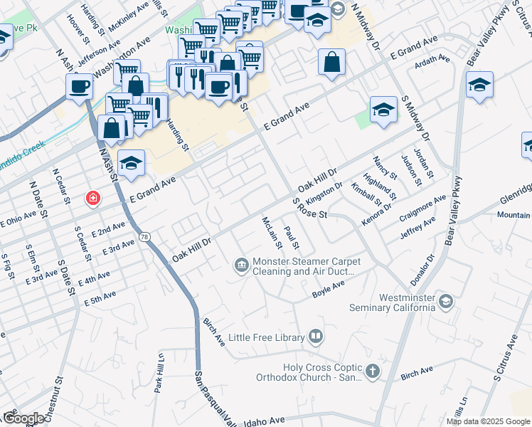map of restaurants, bars, coffee shops, grocery stores, and more near 525 McLain Street in Escondido