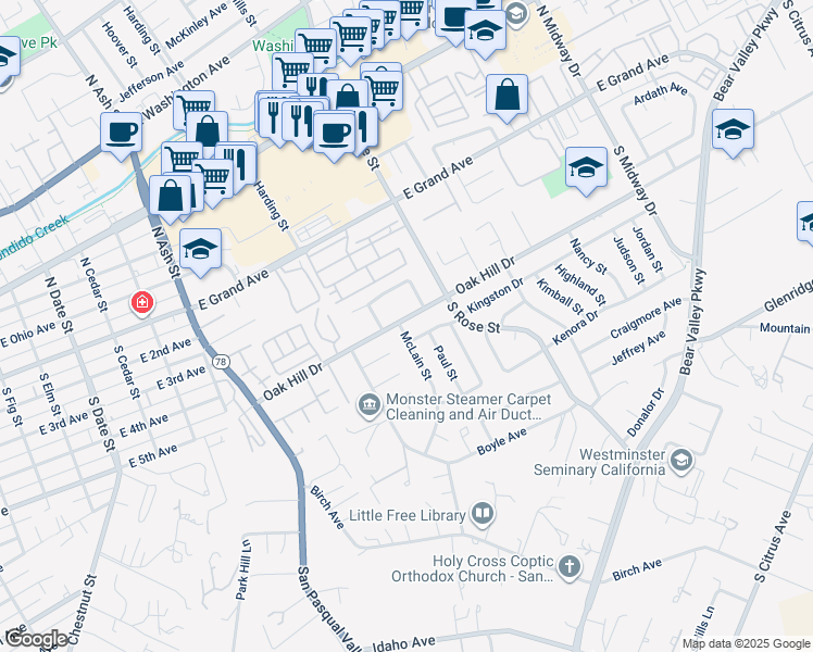 map of restaurants, bars, coffee shops, grocery stores, and more near 510 McLain Street in Escondido