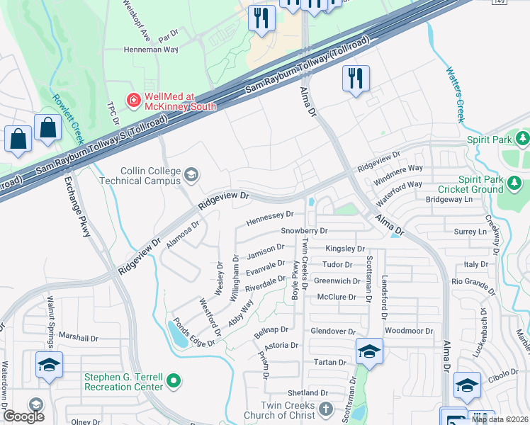 map of restaurants, bars, coffee shops, grocery stores, and more near 1524 Hennessey Drive in Allen