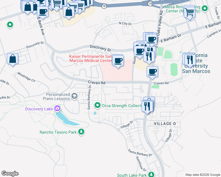 map of restaurants, bars, coffee shops, grocery stores, and more near 387 Avenida La Cuesta in San Marcos