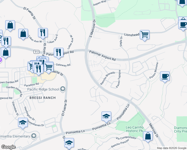 map of restaurants, bars, coffee shops, grocery stores, and more near 6289 Citracado Circle in Carlsbad