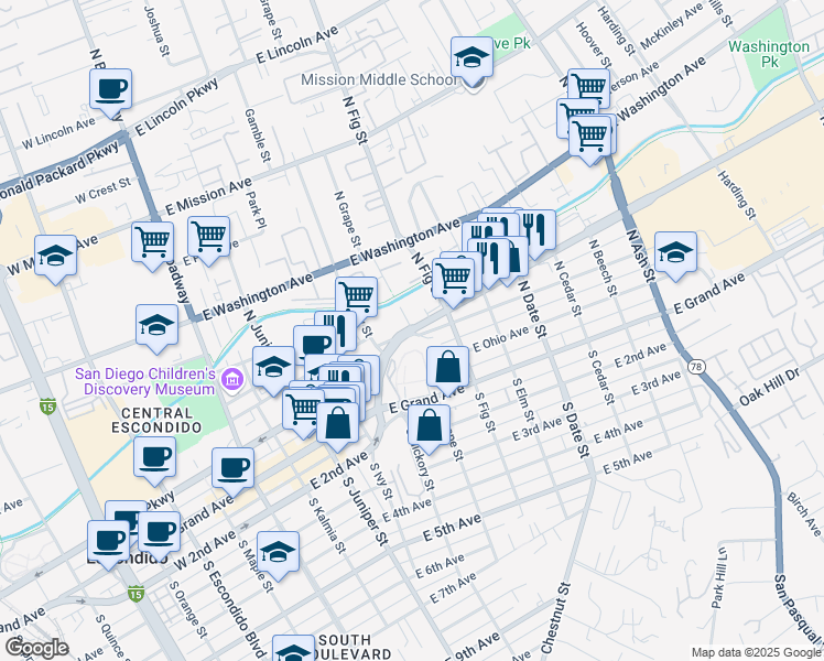 map of restaurants, bars, coffee shops, grocery stores, and more near 606 East Valley Parkway in Escondido