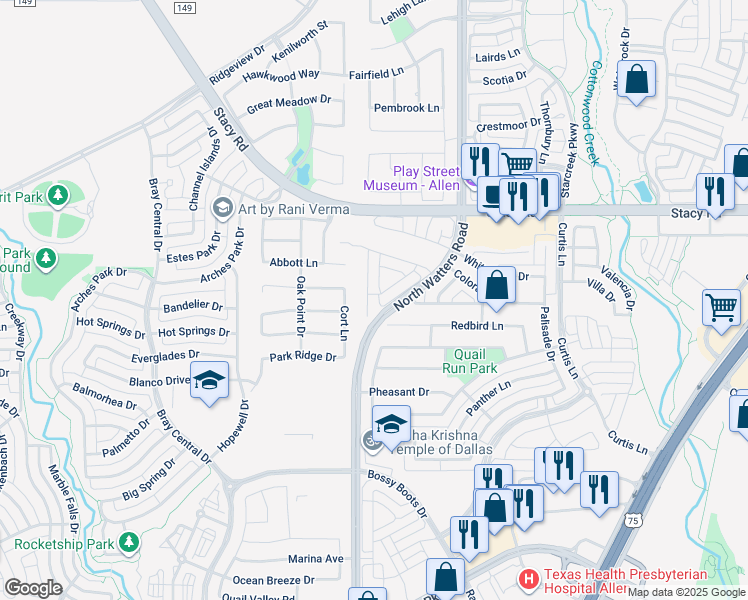 map of restaurants, bars, coffee shops, grocery stores, and more near 956 Redbird Lane in Allen